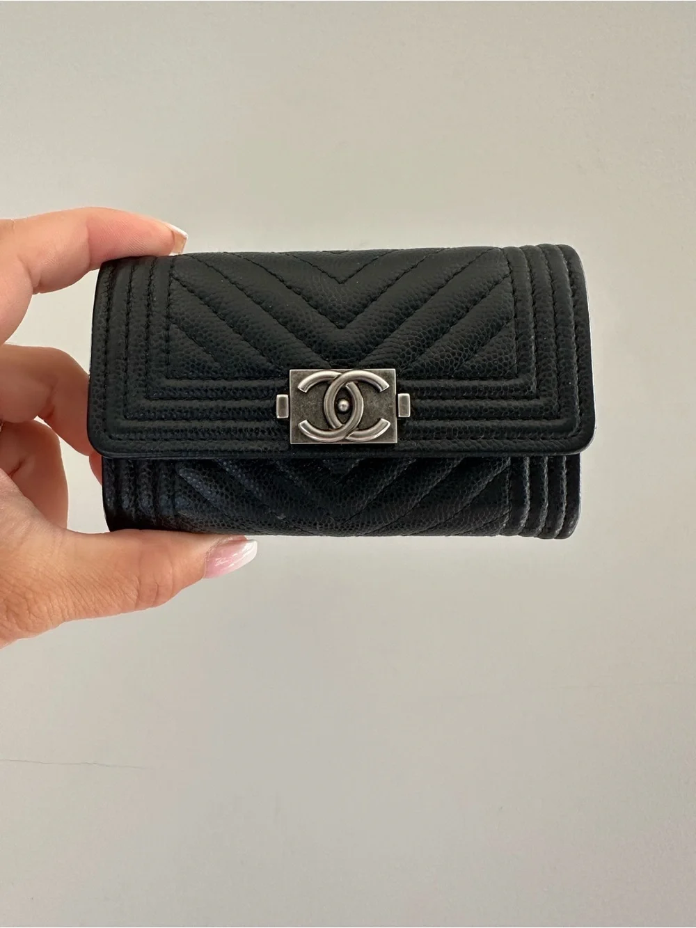 Chanel Black Caviar Chevron Compact Wallet